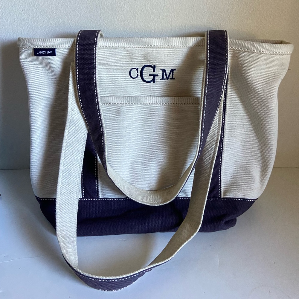 Lands' End Cream and Blue Canvas Tote Bag